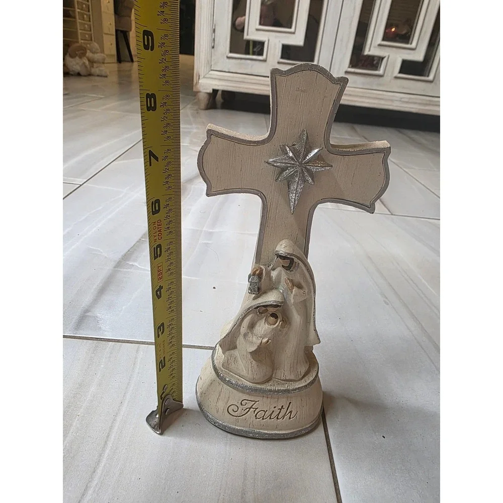 Faith Nativity Cross Figurine Holy Family Christmas‎ Decor Light Up Cream Silver